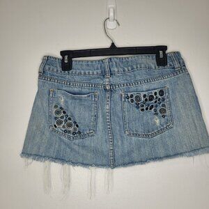 Nollie blue grunge party raw frayed hem micro mini denim jean skirt size 7 FLAW
